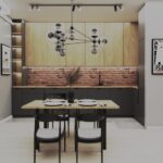 Salon LOFT schody_widok na stol i kuchnie